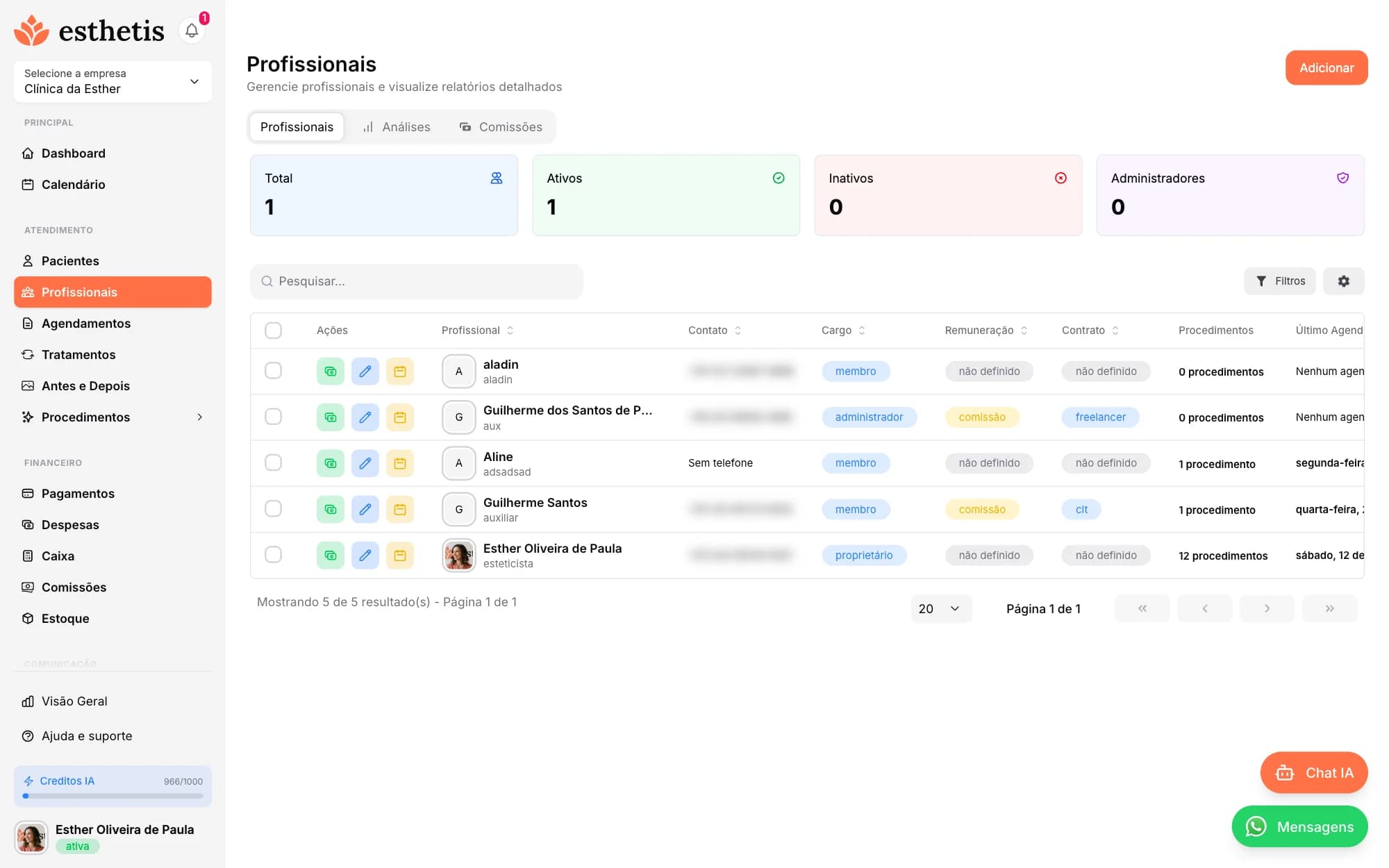 Tela do Esthetis: Como adicionar profissionais à sua equipe