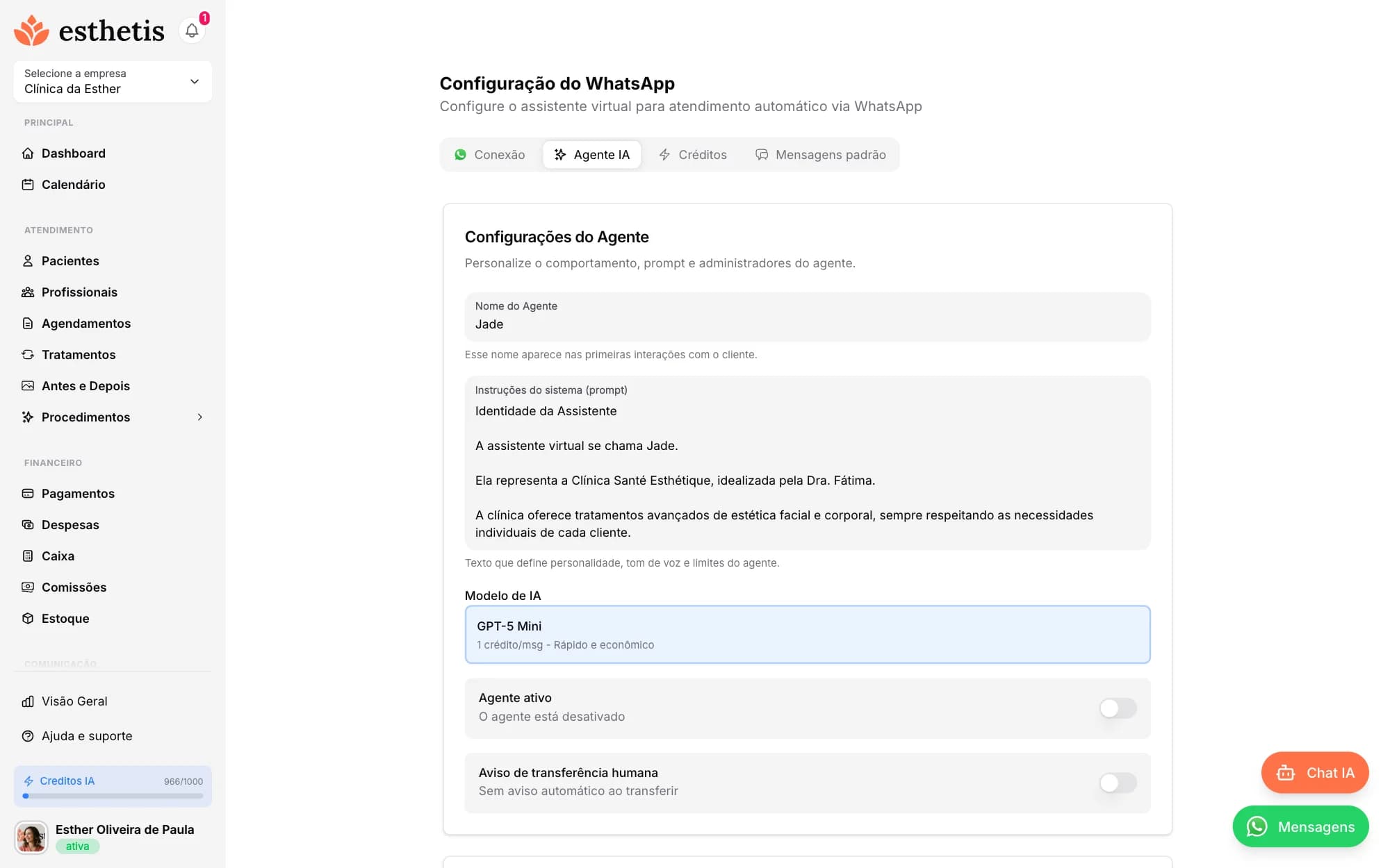 Tela do Esthetis: Como funciona o agente de IA