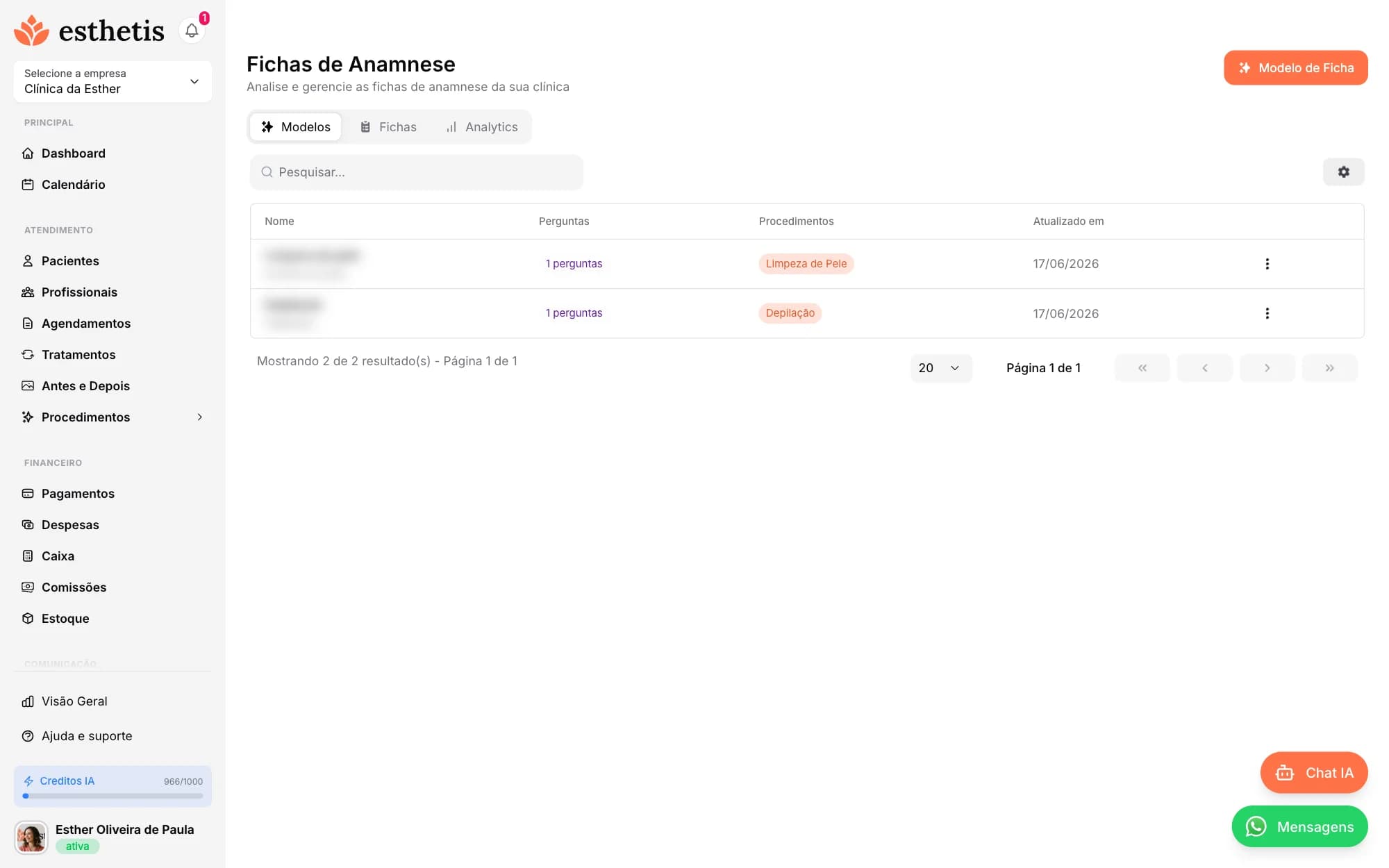 Tela do Esthetis: Anamneses e fichas de prontuário