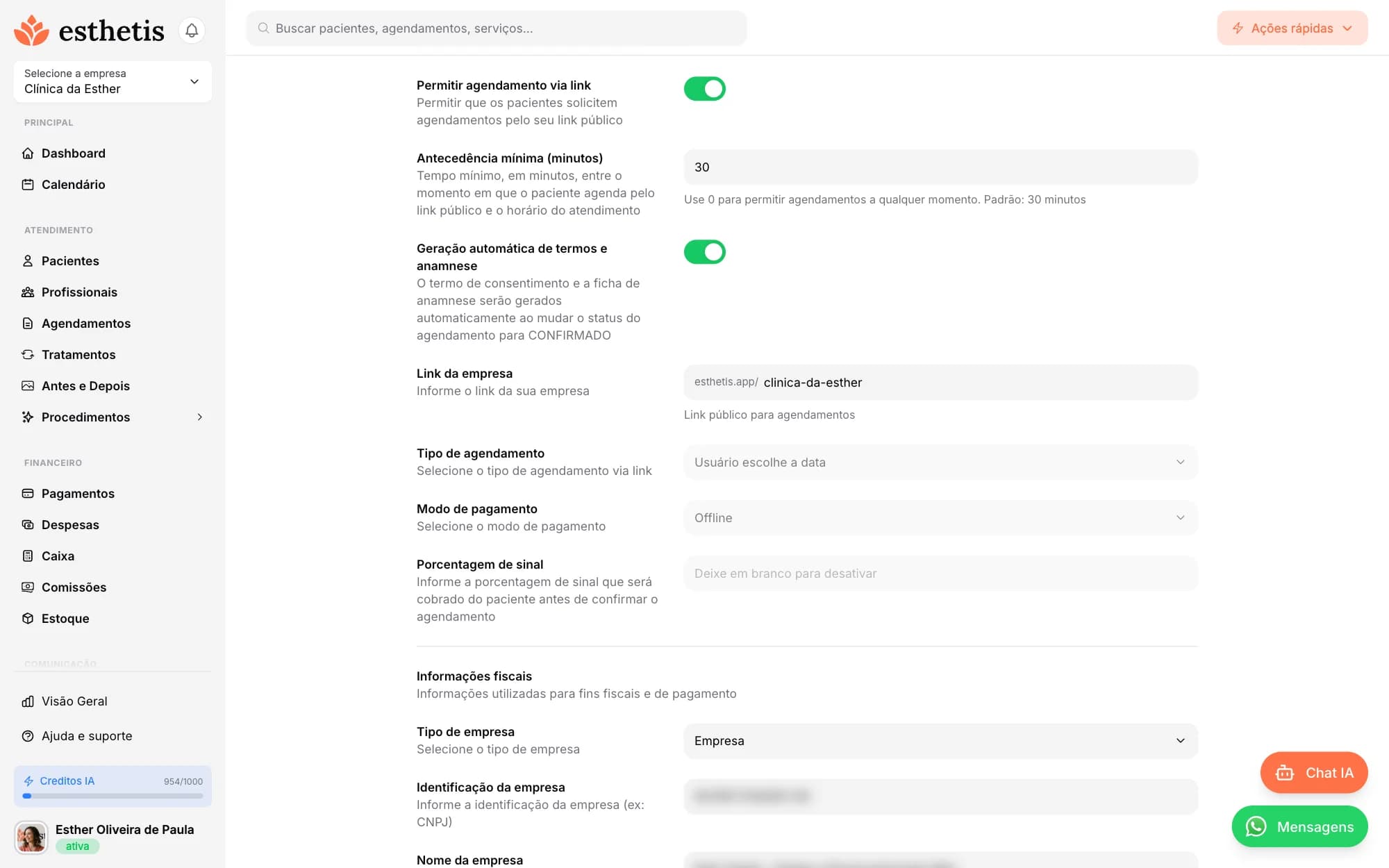 Tela do Esthetis: Antecedência mínima para agendamento online