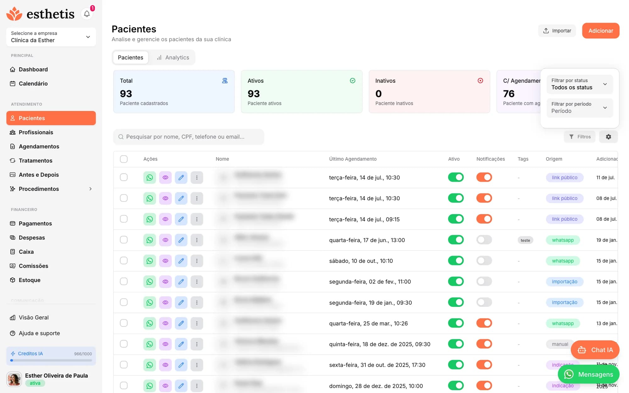 Tela do Esthetis: Busca, filtros e listagem de pacientes