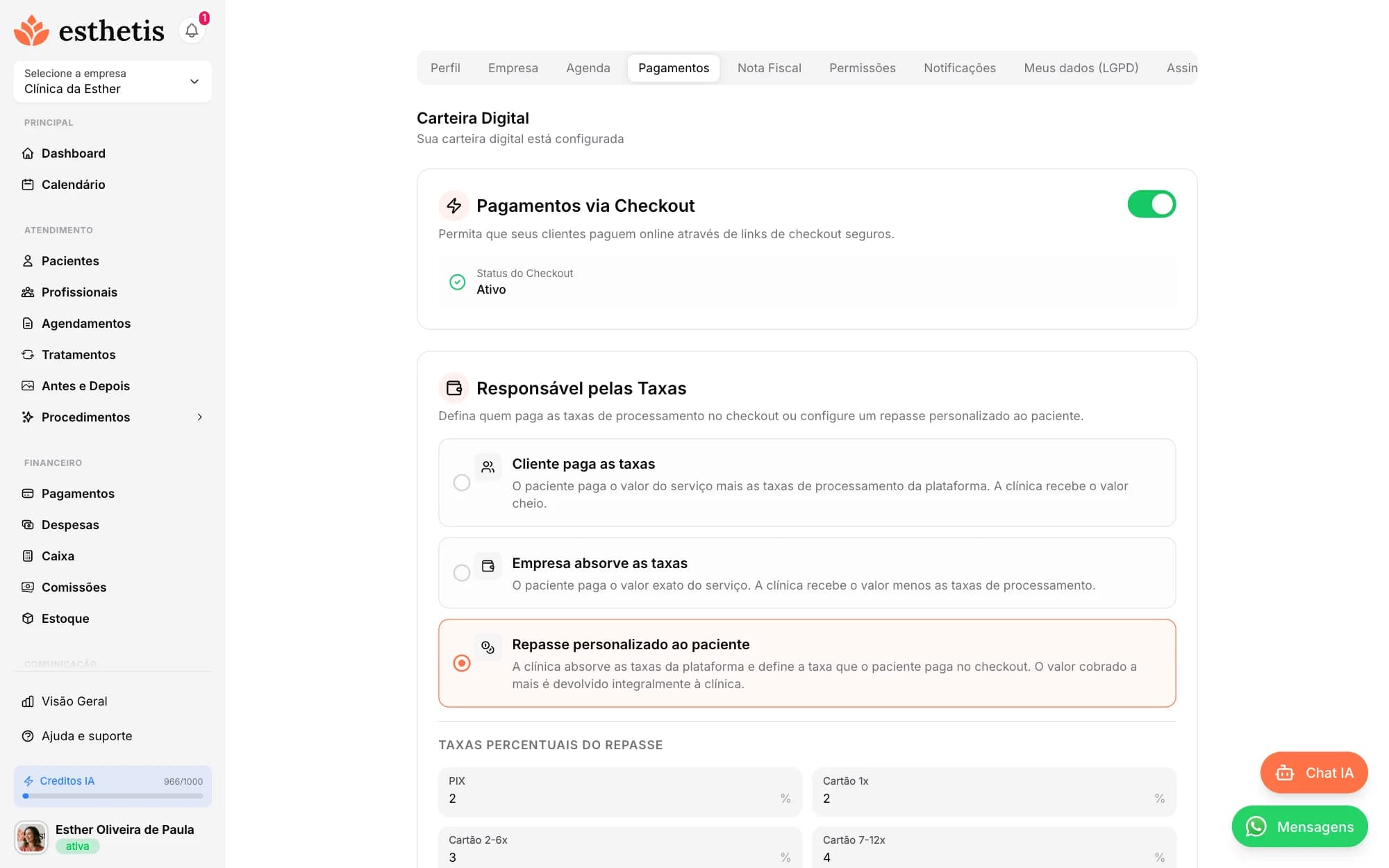 Tela do Esthetis: Configurando o checkout de pagamentos