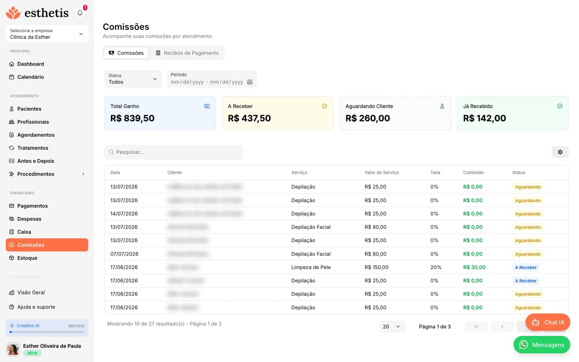 Tela do Esthetis: Como funcionam as comissões