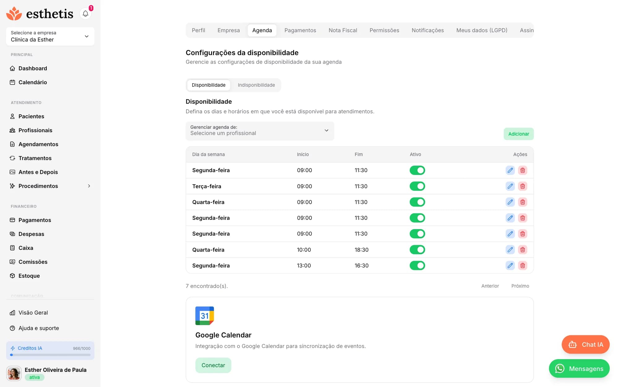 Tela do Esthetis: Como configurar sua agenda e disponibilidade