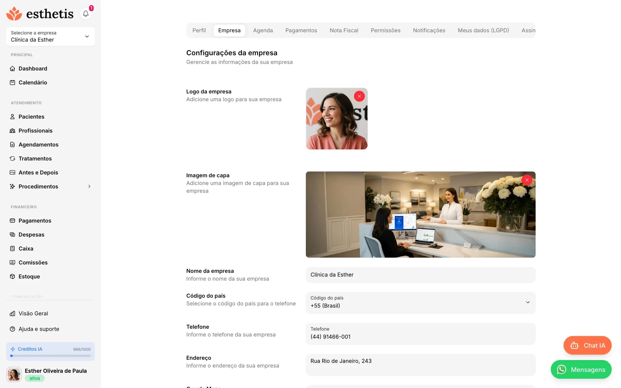 Tela do Esthetis: Como configurar os dados da sua empresa