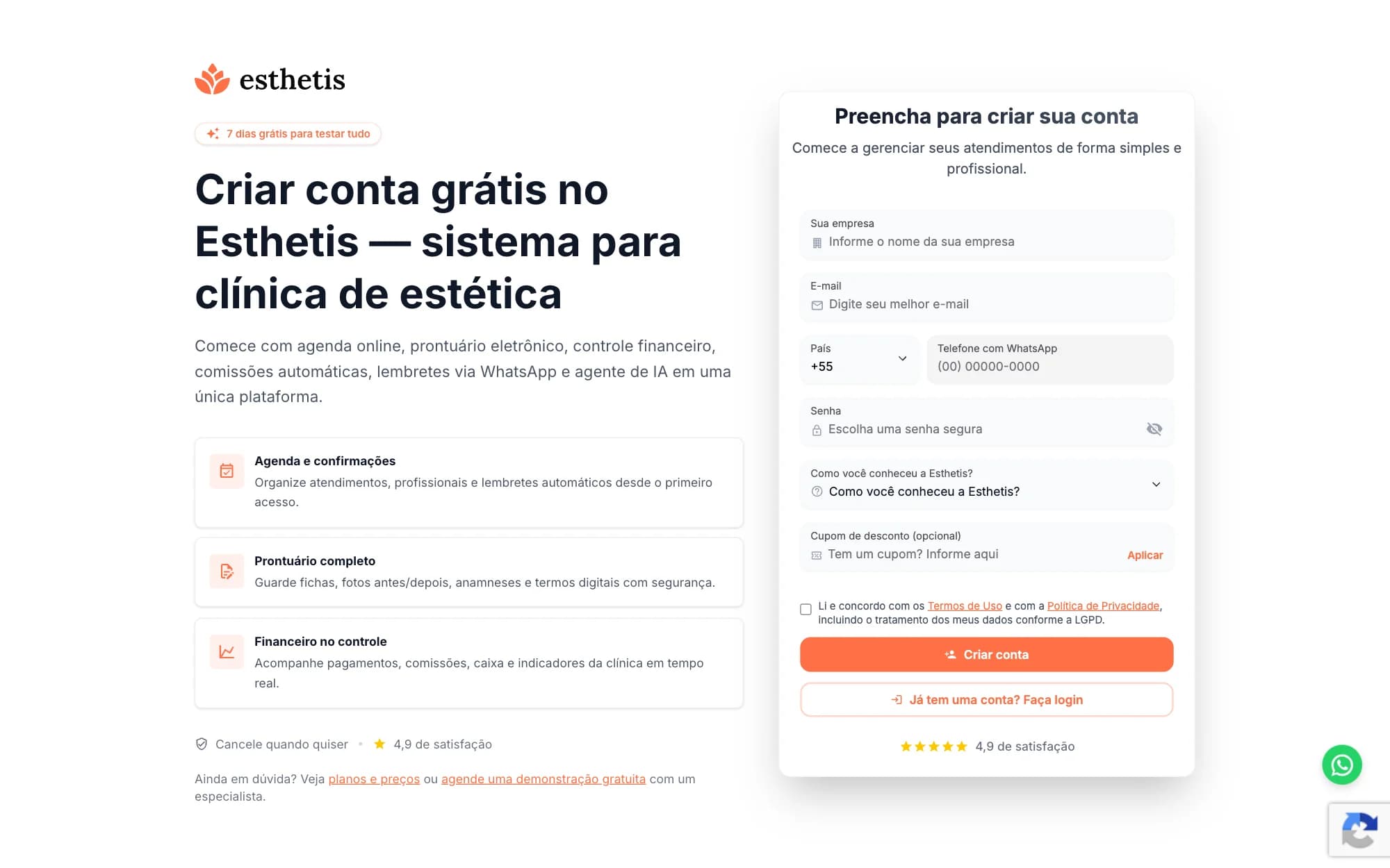 Tela do Esthetis: Como criar sua conta e completar o onboarding