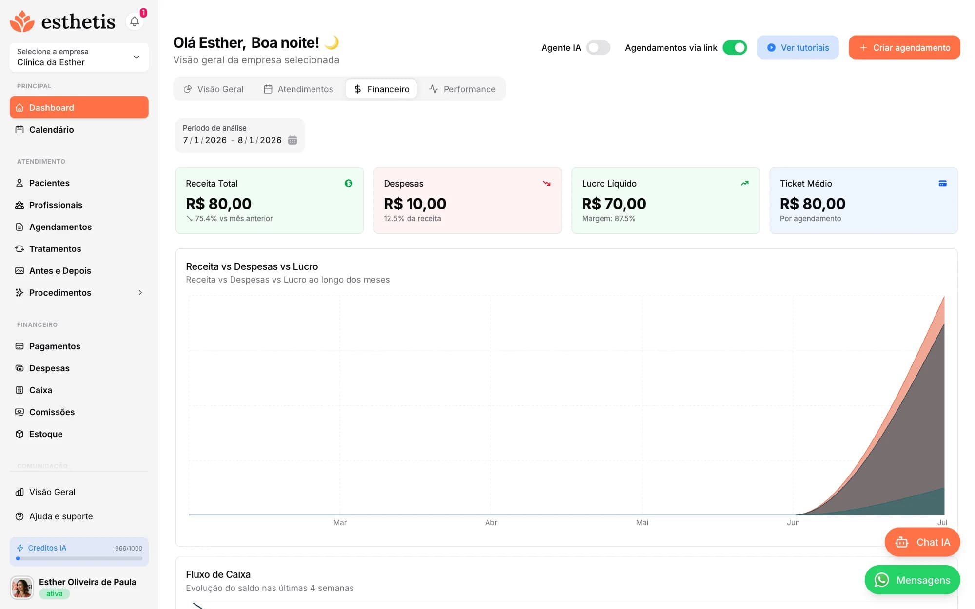 Tela do Esthetis: Dashboard financeiro