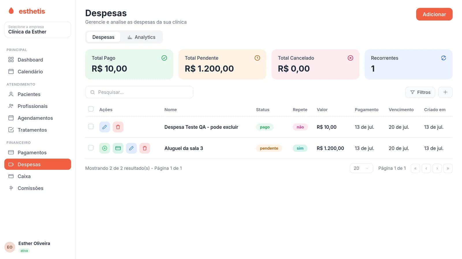 Tela do Esthetis: Como registrar e gerenciar despesas