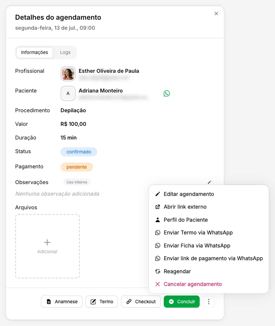 Tela do Esthetis: Como enviar o link de pagamento pelo WhatsApp