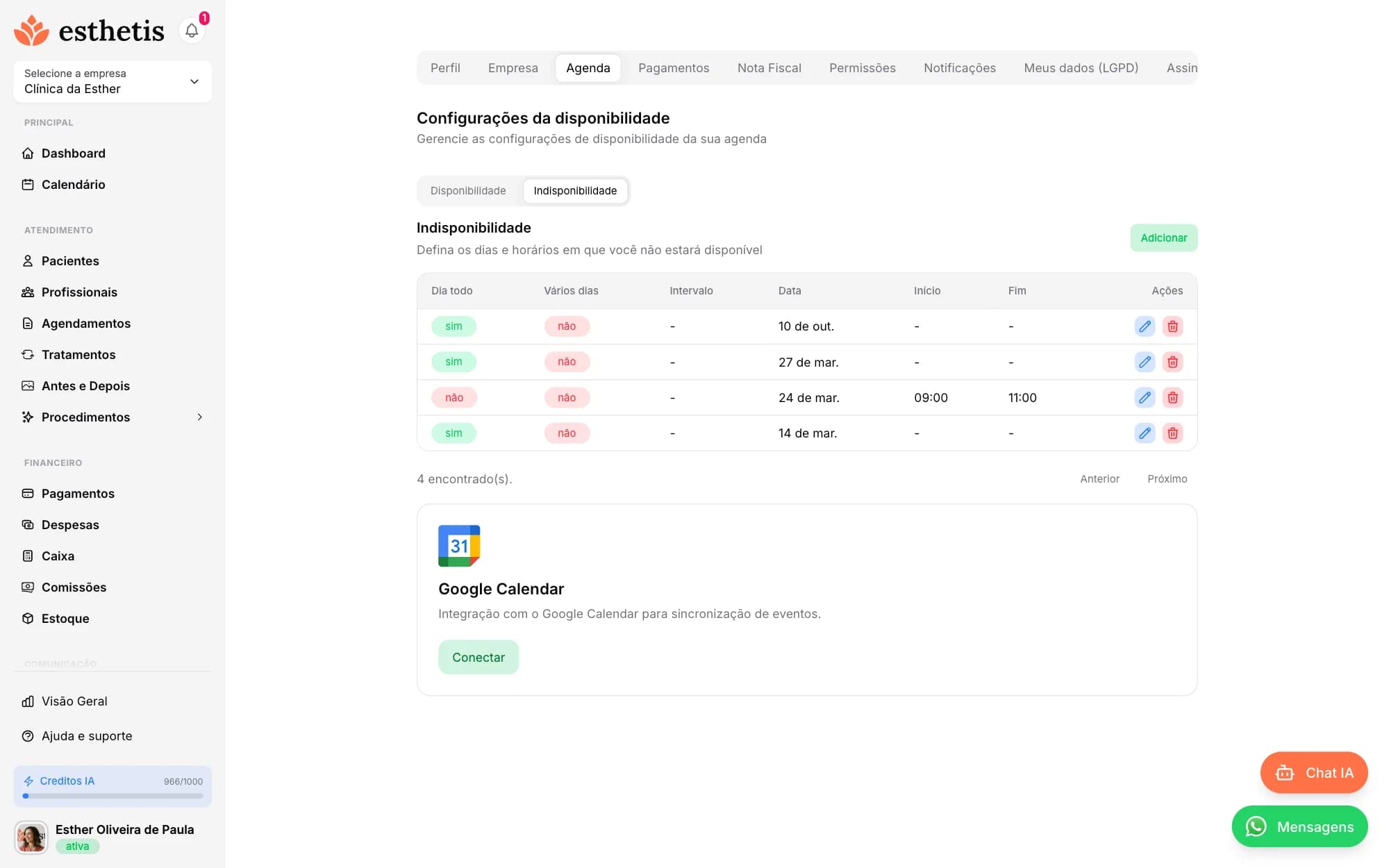Tela do Esthetis: Disponibilidade e bloqueios da agenda