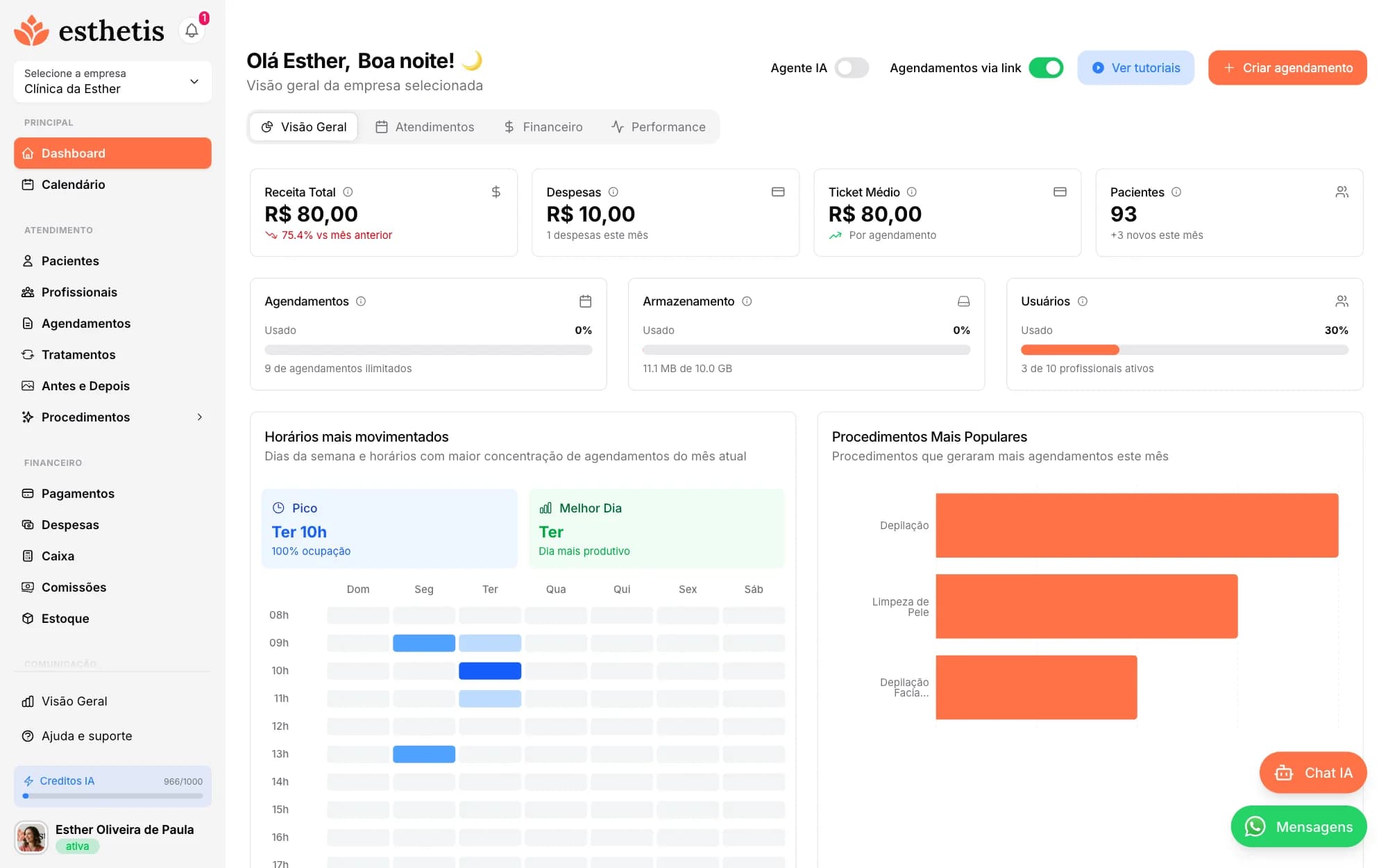 Tela do Esthetis: Guia de configuração rápida no dashboard