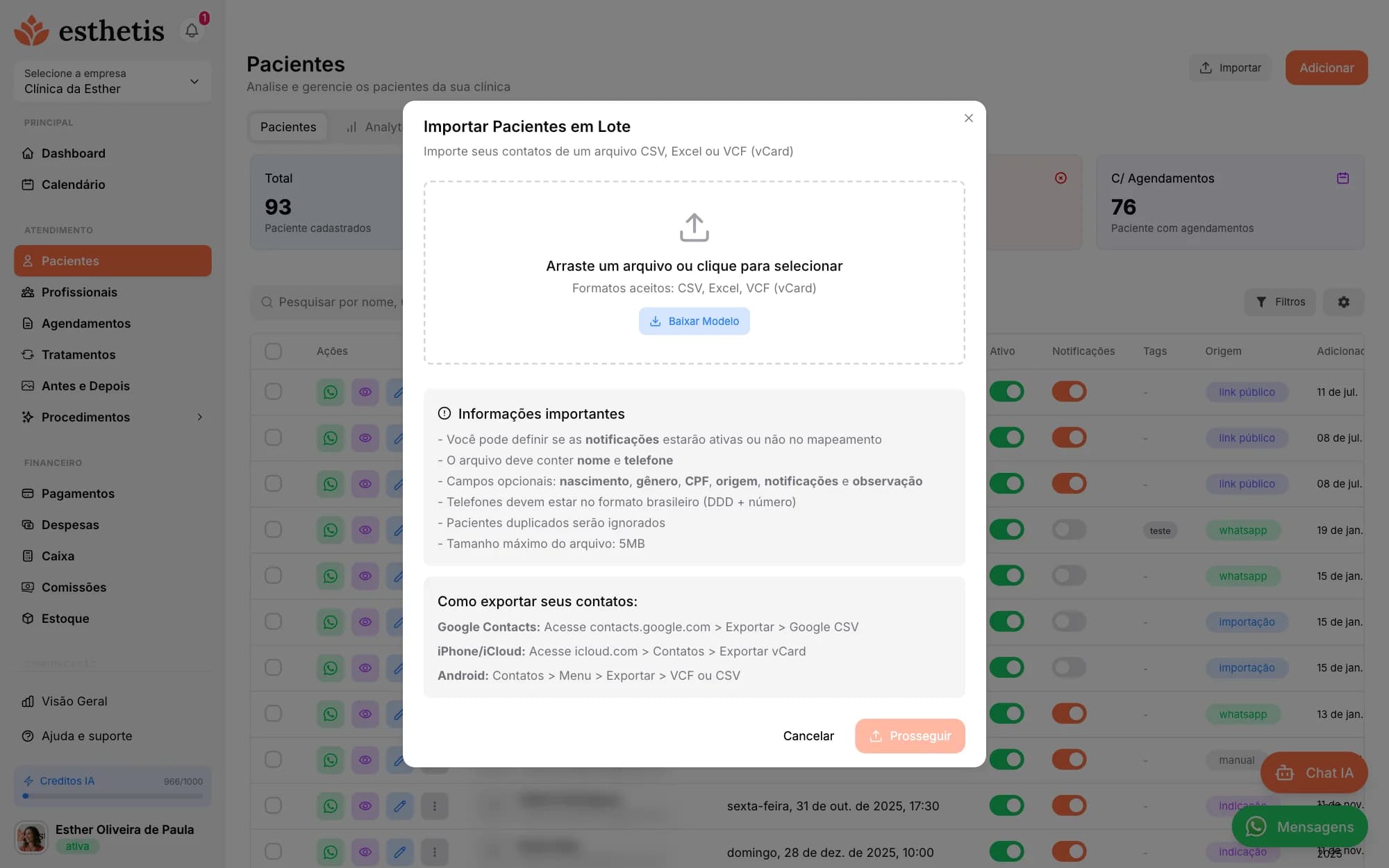 Tela do Esthetis: Importar e exportar pacientes