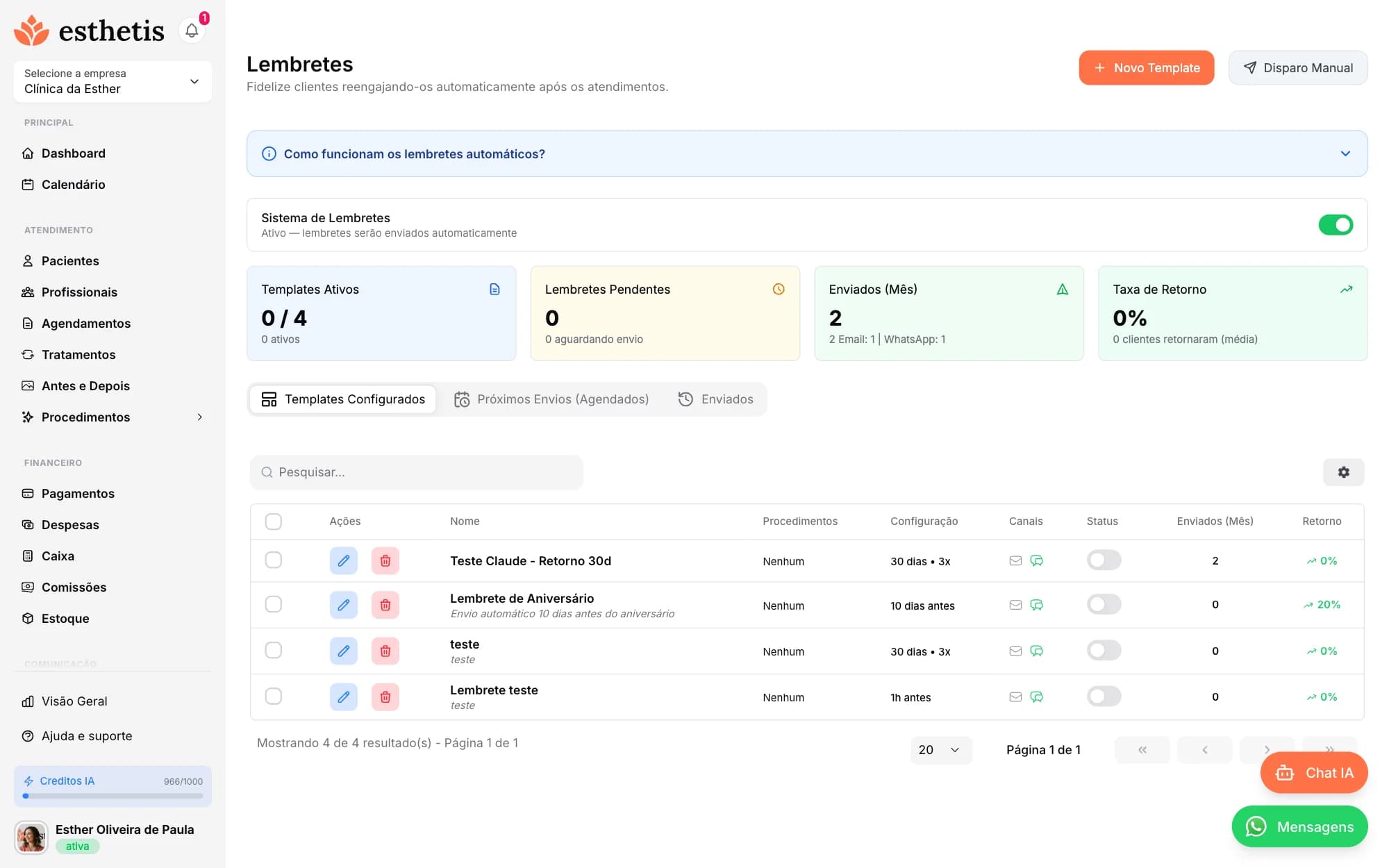 Tela do Esthetis: Como configurar lembretes automáticos