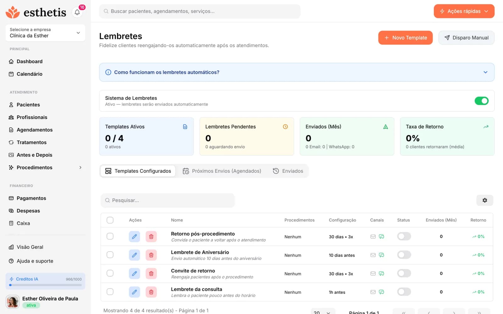 Tela do Esthetis: Mensagens automáticas x lembretes: o que o sistema envia sozinho
