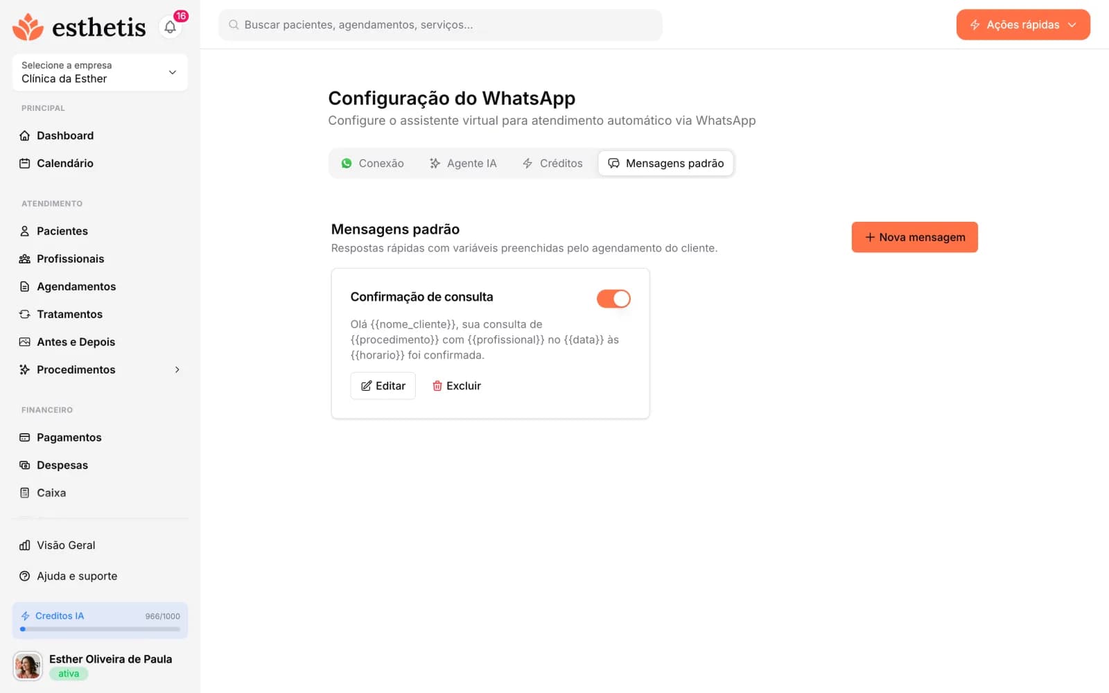 Tela do Esthetis: Como criar e usar mensagens padrão no WhatsApp