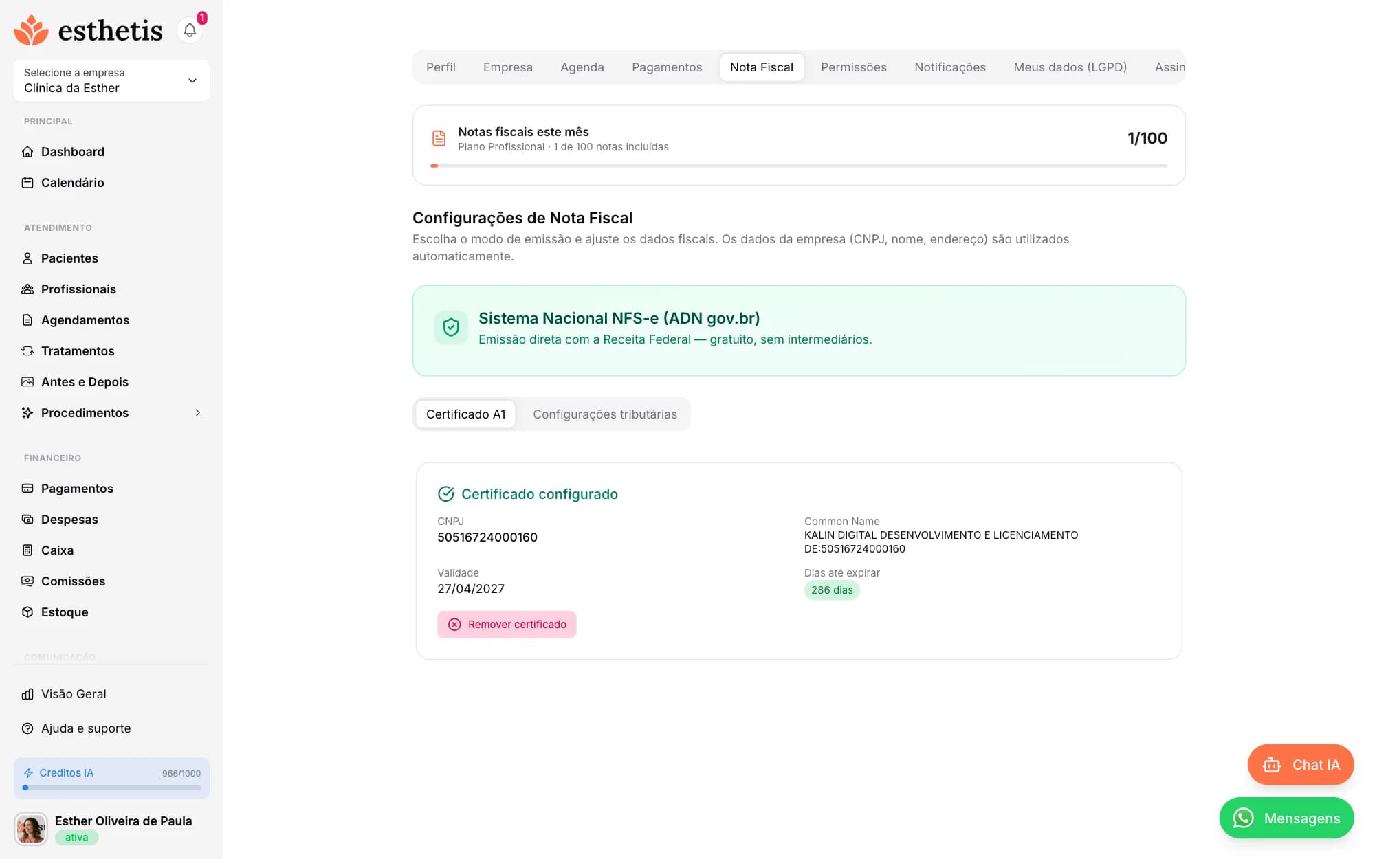 Tela do Esthetis: Como emitir notas fiscais