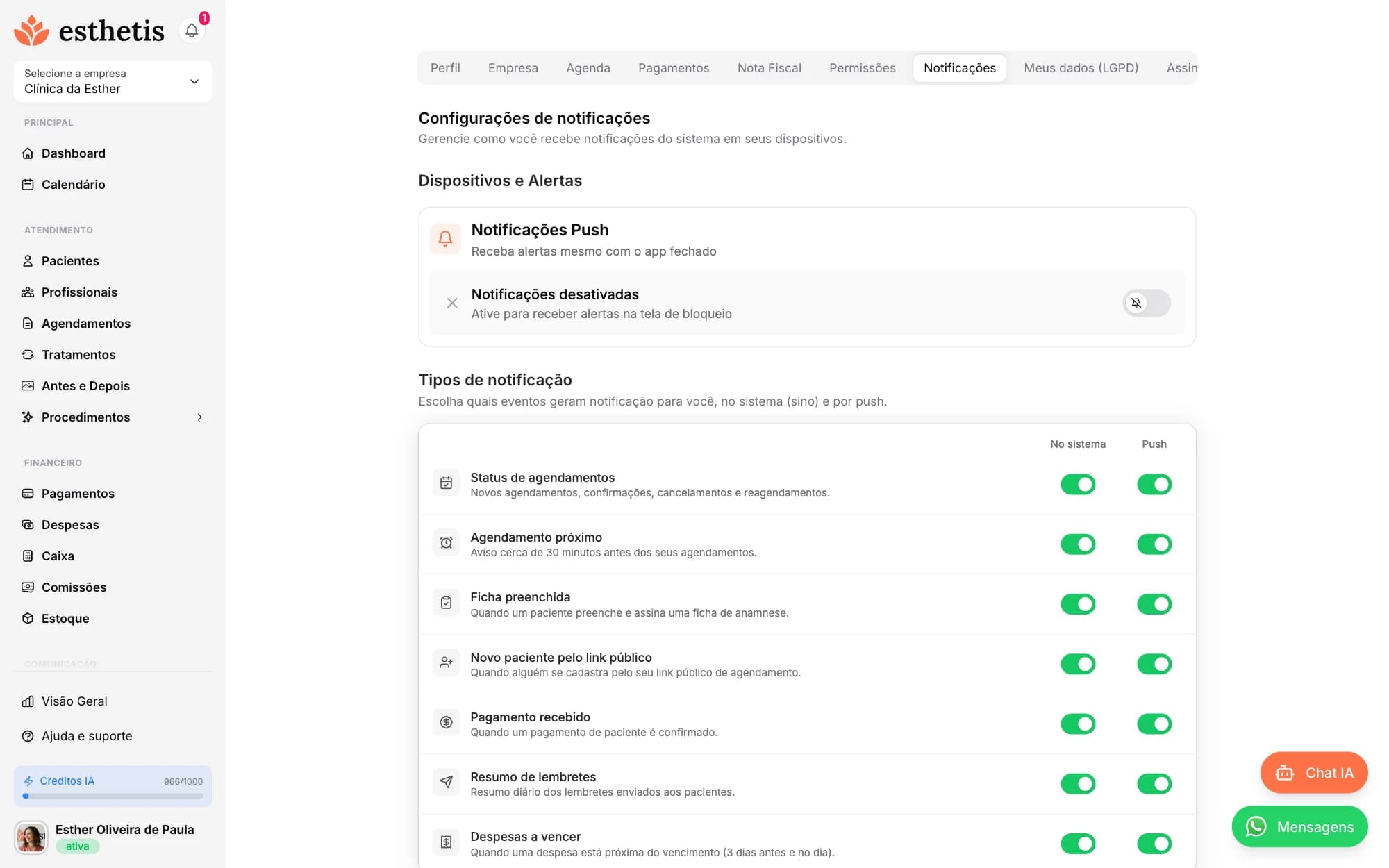 Tela do Esthetis: Como configurar notificações push
