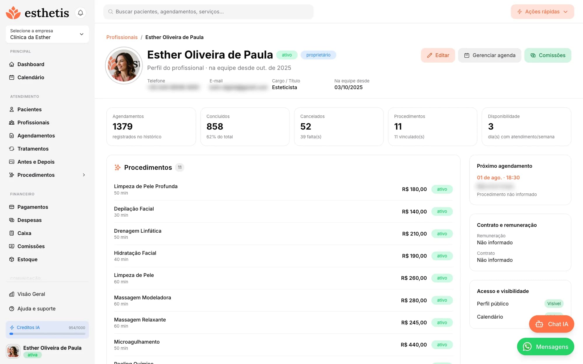 Tela do Esthetis: Página de perfil do profissional