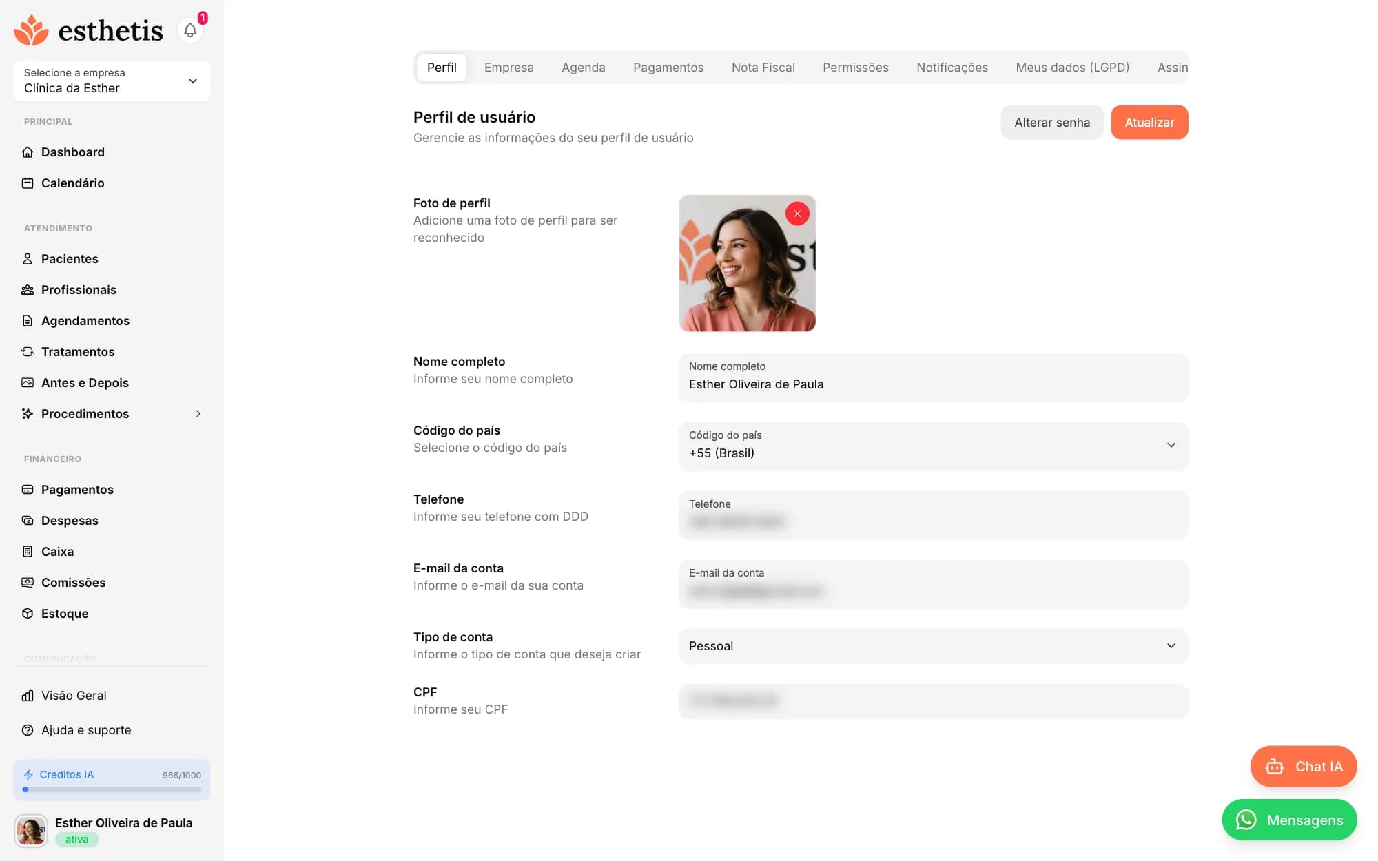 Tela do Esthetis: Como personalizar seu perfil