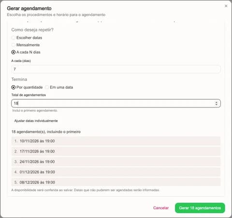 Tela do Esthetis: Como agendar tratamentos e pacotes em recorrência