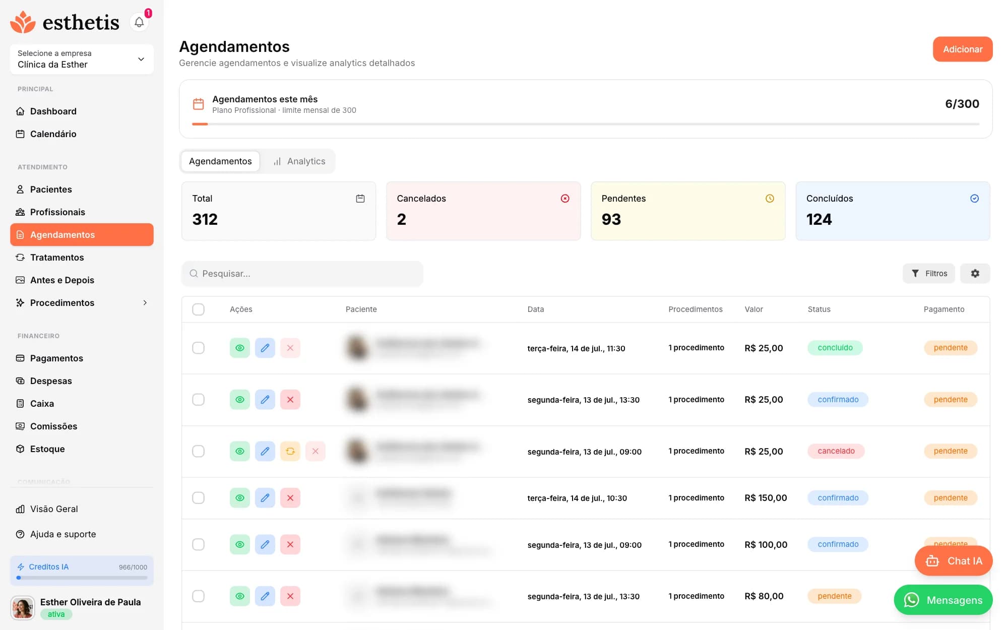 Tela do Esthetis: Entendendo os status de agendamento