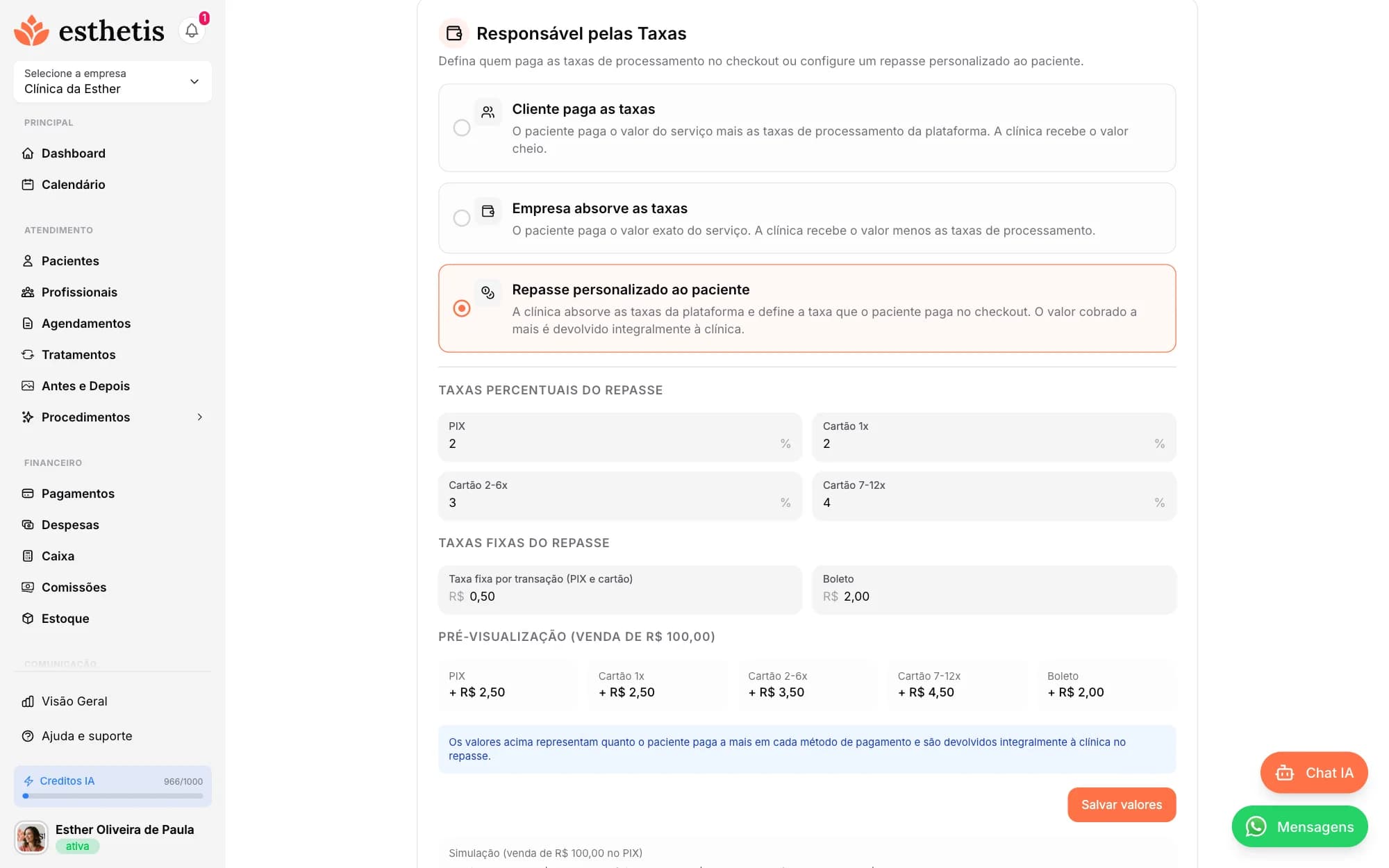 Tela do Esthetis: Como configurar as taxas e formas de pagamento do checkout