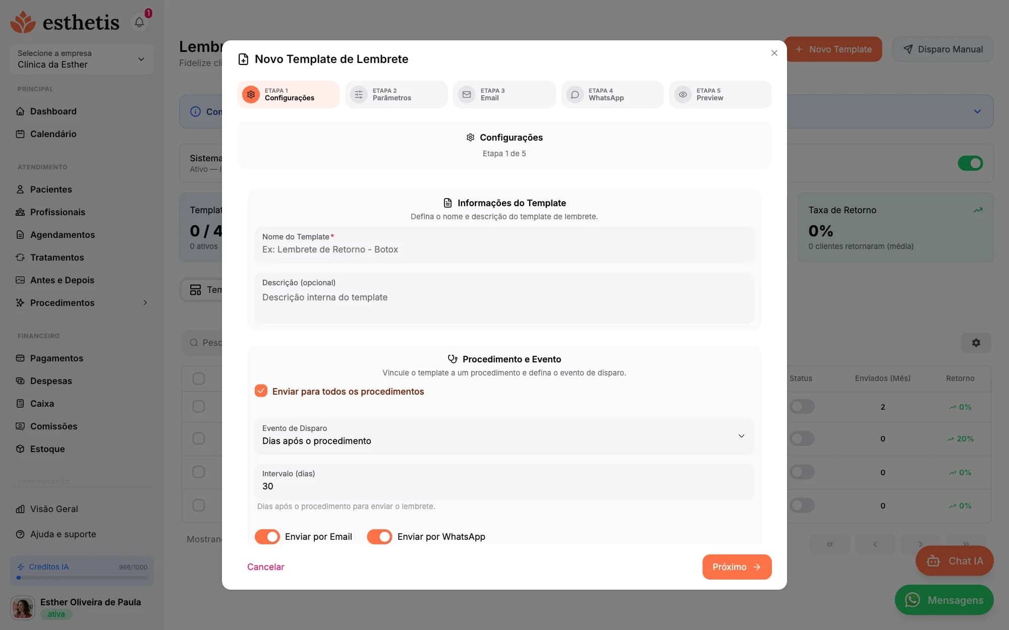 Tela do Esthetis: Como criar templates de mensagem