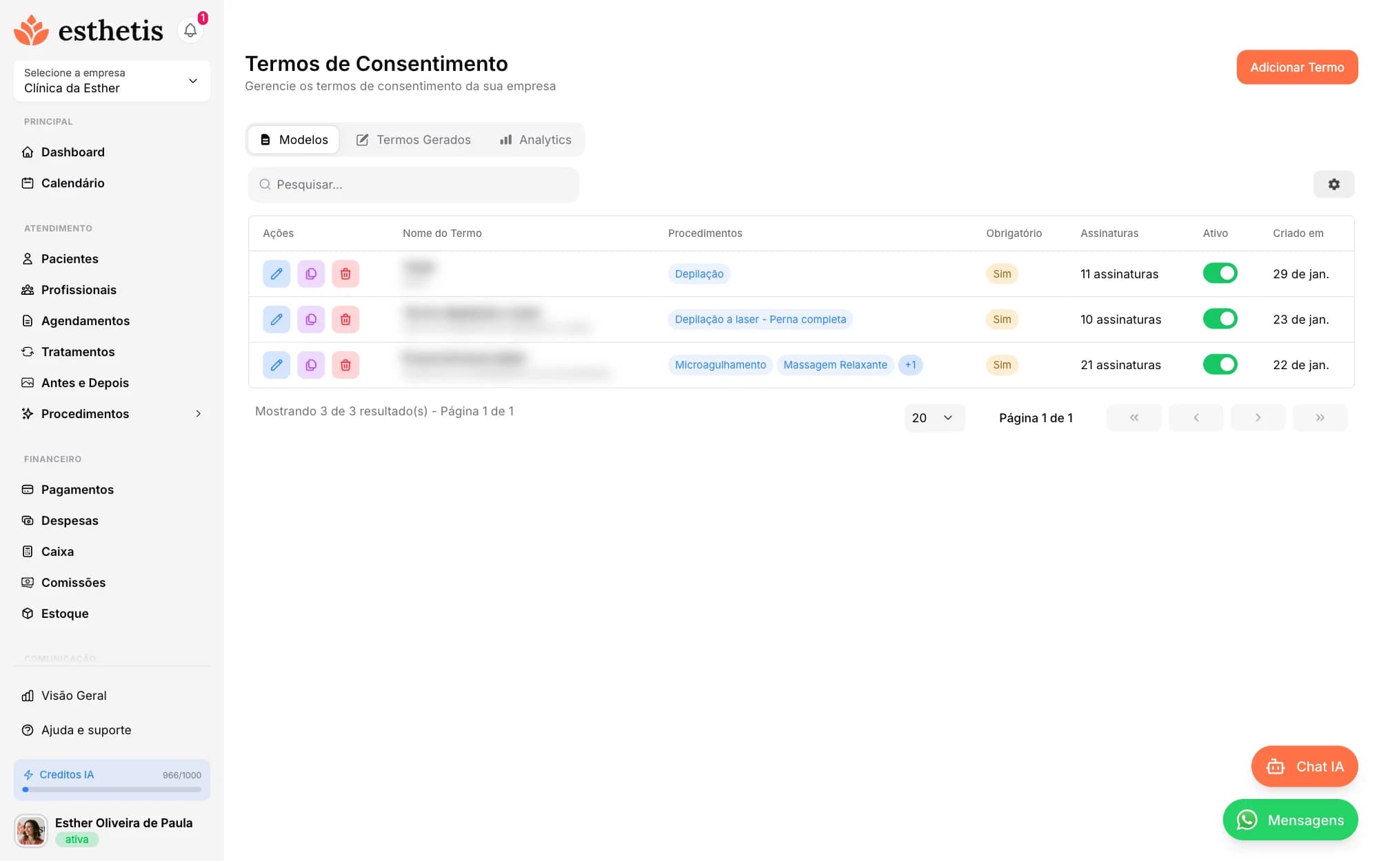 Tela do Esthetis: Termos de consentimento digital