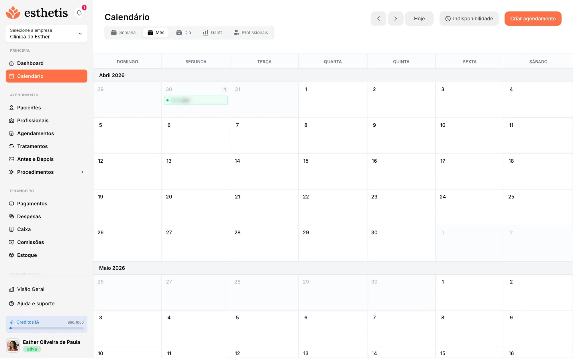 Tela do Esthetis: Modos de visualização do calendário