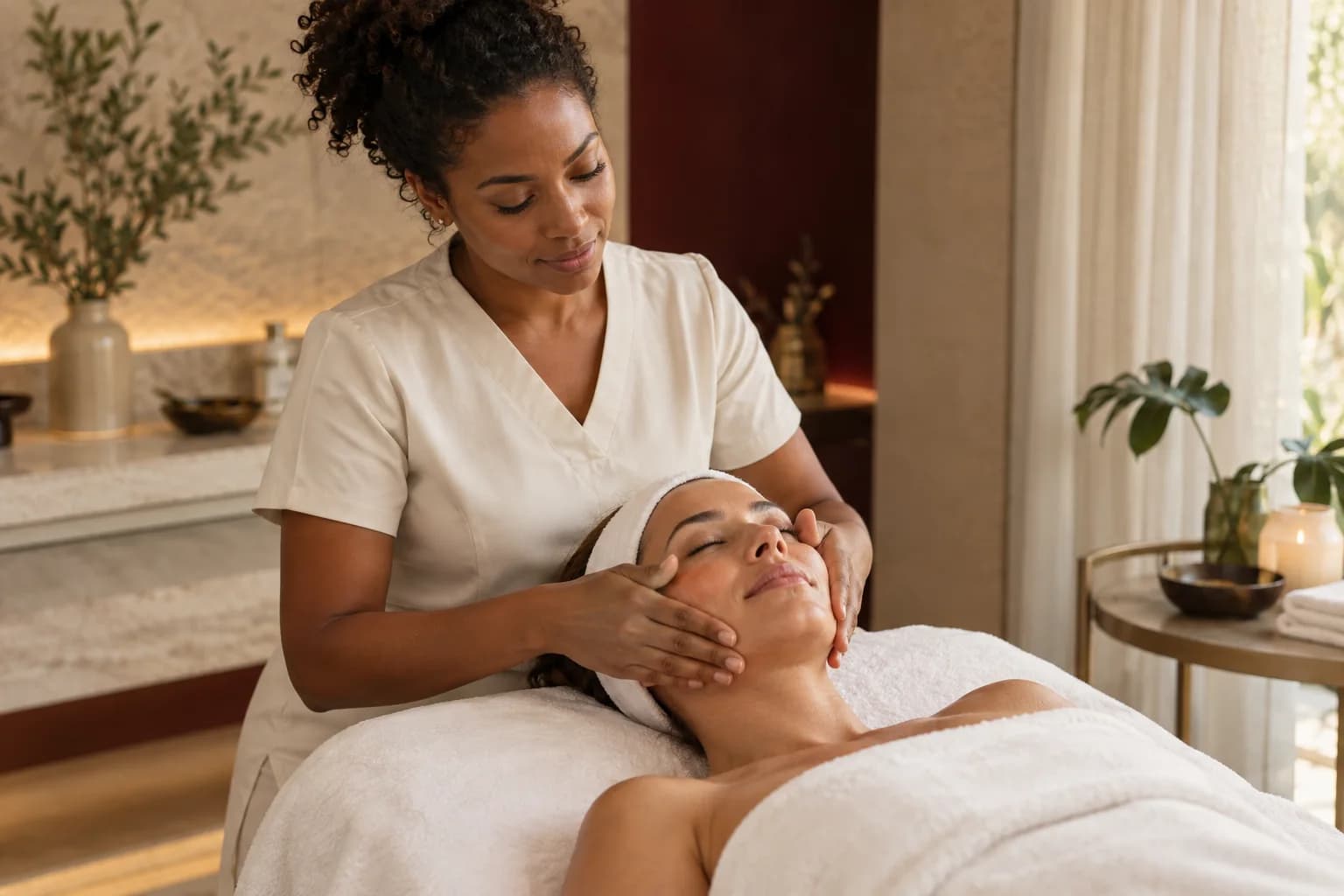Cena ilustrativa de uma esteticista realizando uma massagem facial em ambiente acolhedor