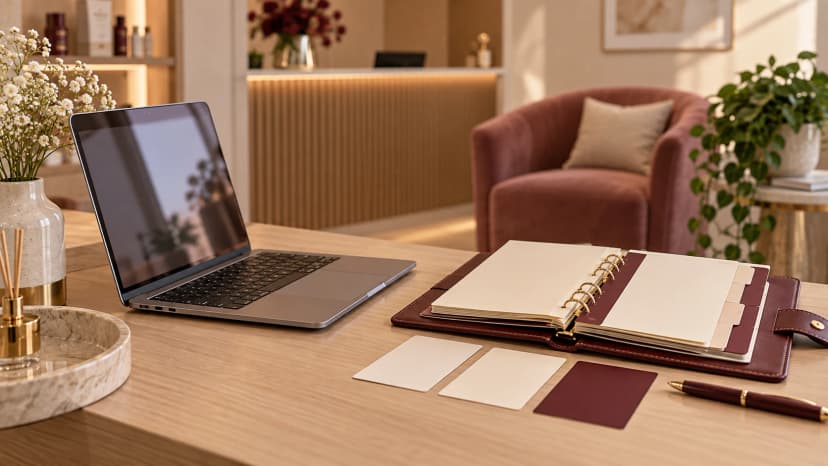 Notebook aberto sobre mesa de madeira clara, ao lado de um fichário com divisórias, cartões de papel e uma caneta.