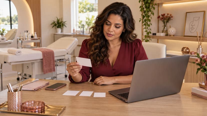 Dona de clínica de blusa vinho analisa cartões à mesa, ao lado de notebook e celular, em ambiente claro de estética.