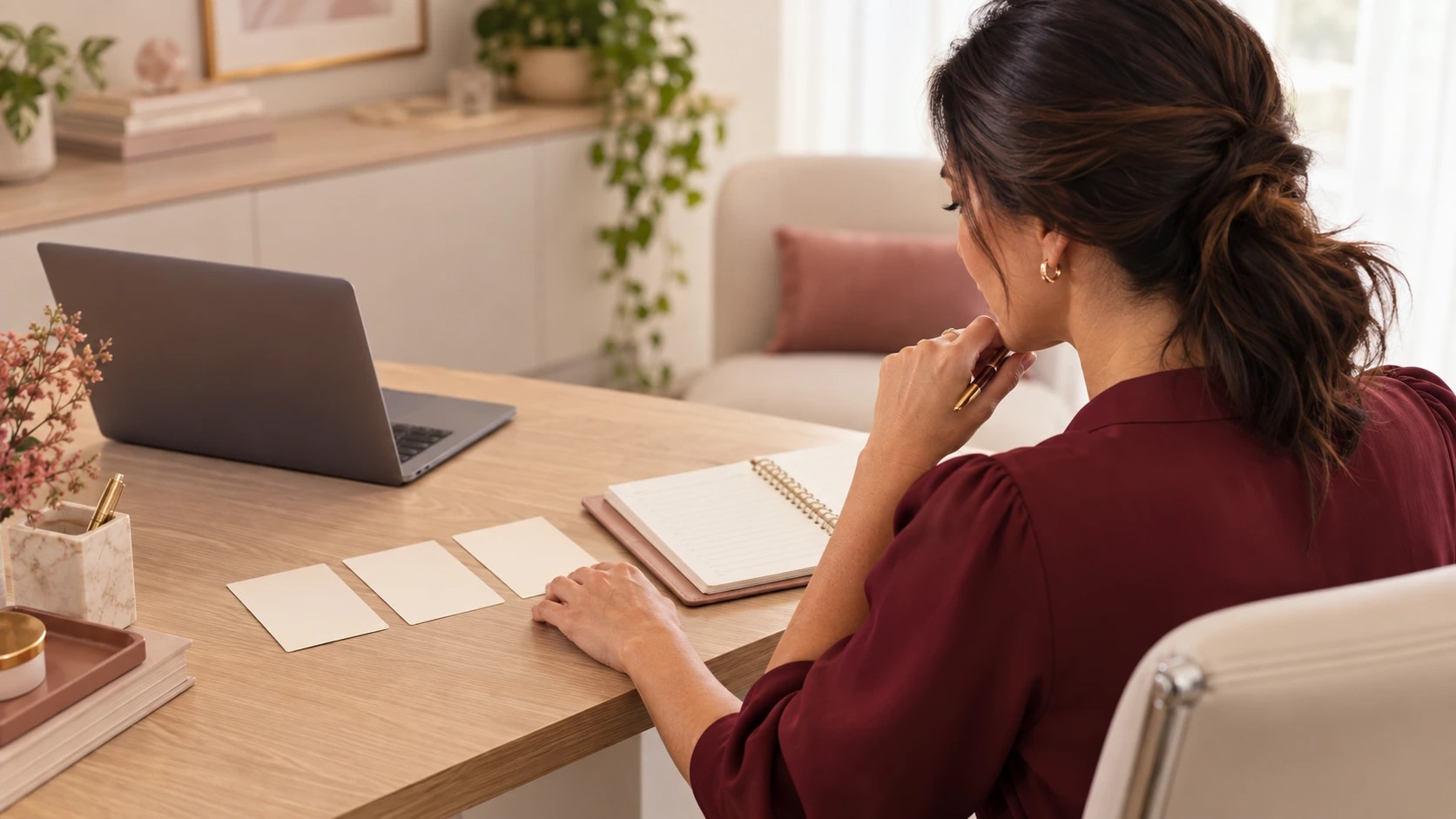 Gestora de blusa vinho revisando um caderno e cartões sobre uma mesa de madeira, com notebook ao lado.