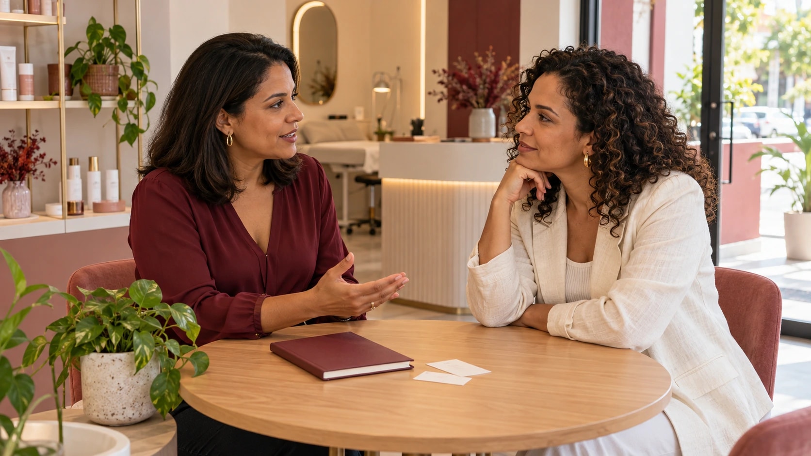 Duas mulheres conversam à mesa de um estúdio, com um caderno vinho e cartões sobre a mesa.