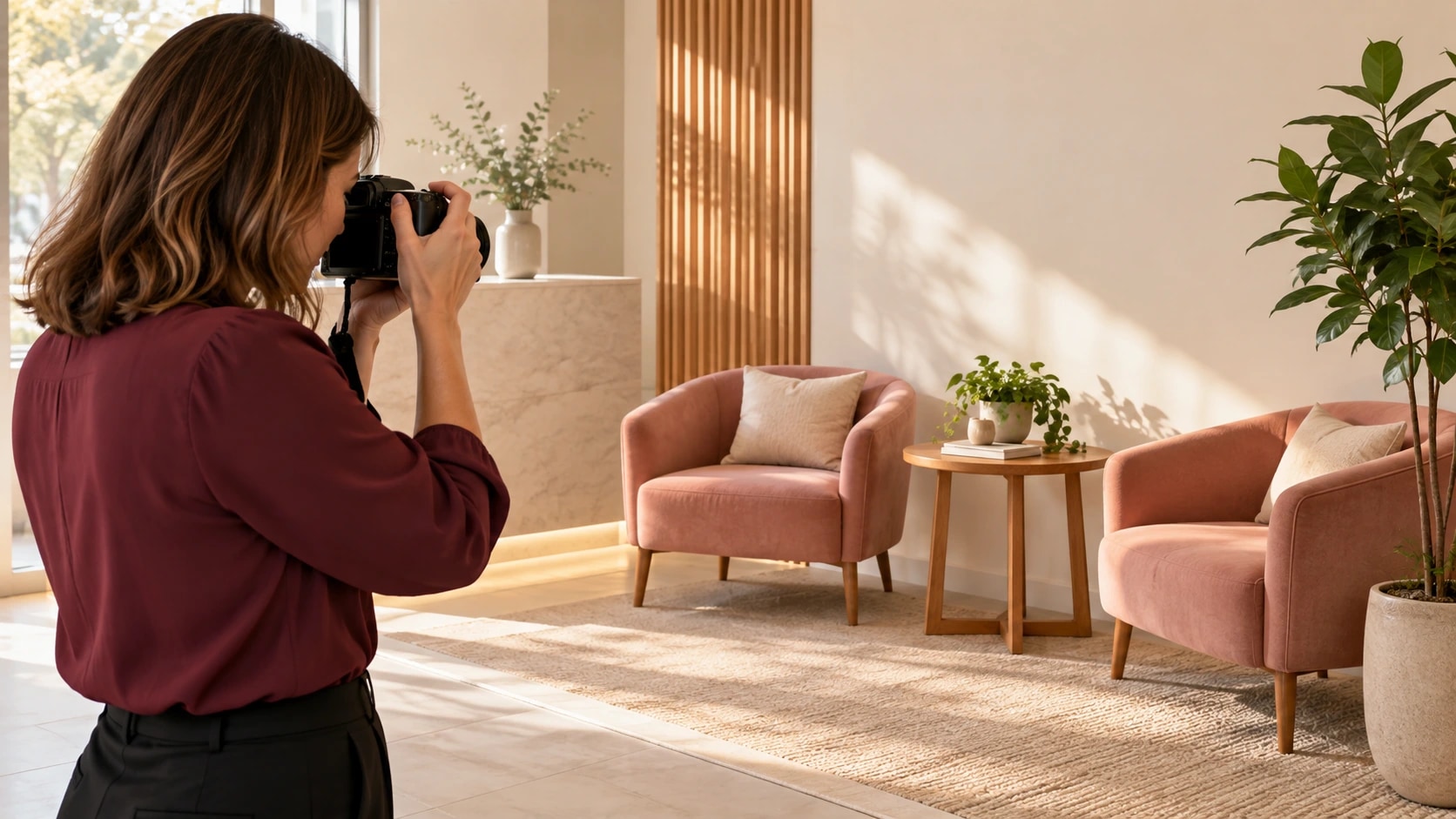 Mulher de blusa vinho segura uma câmera fotográfica diante de uma recepção vazia com poltronas rosa e mesa de madeira.