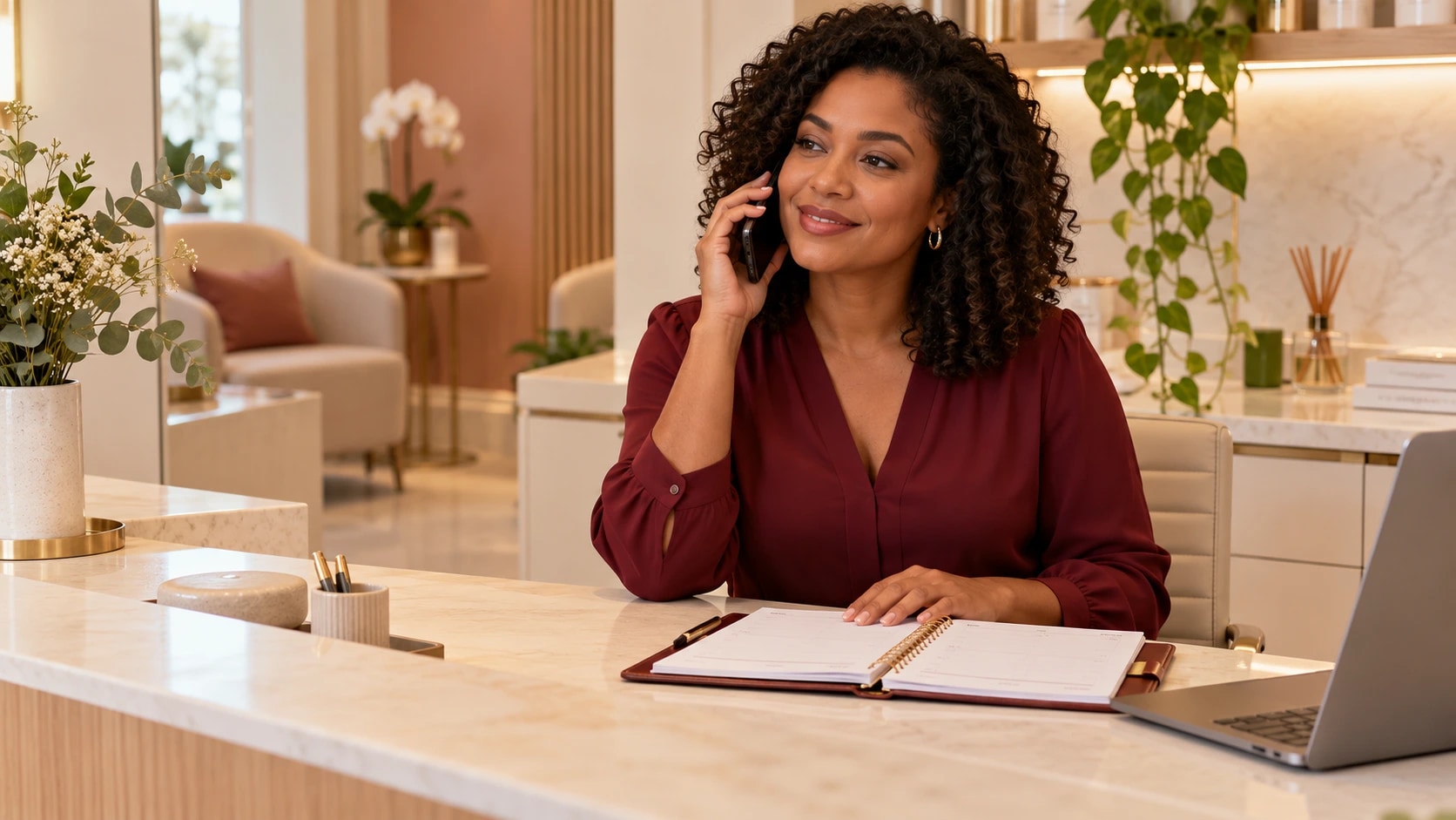Recepcionista de blusa vinho ao telefone, sentada diante de uma agenda aberta em uma clínica de estética.