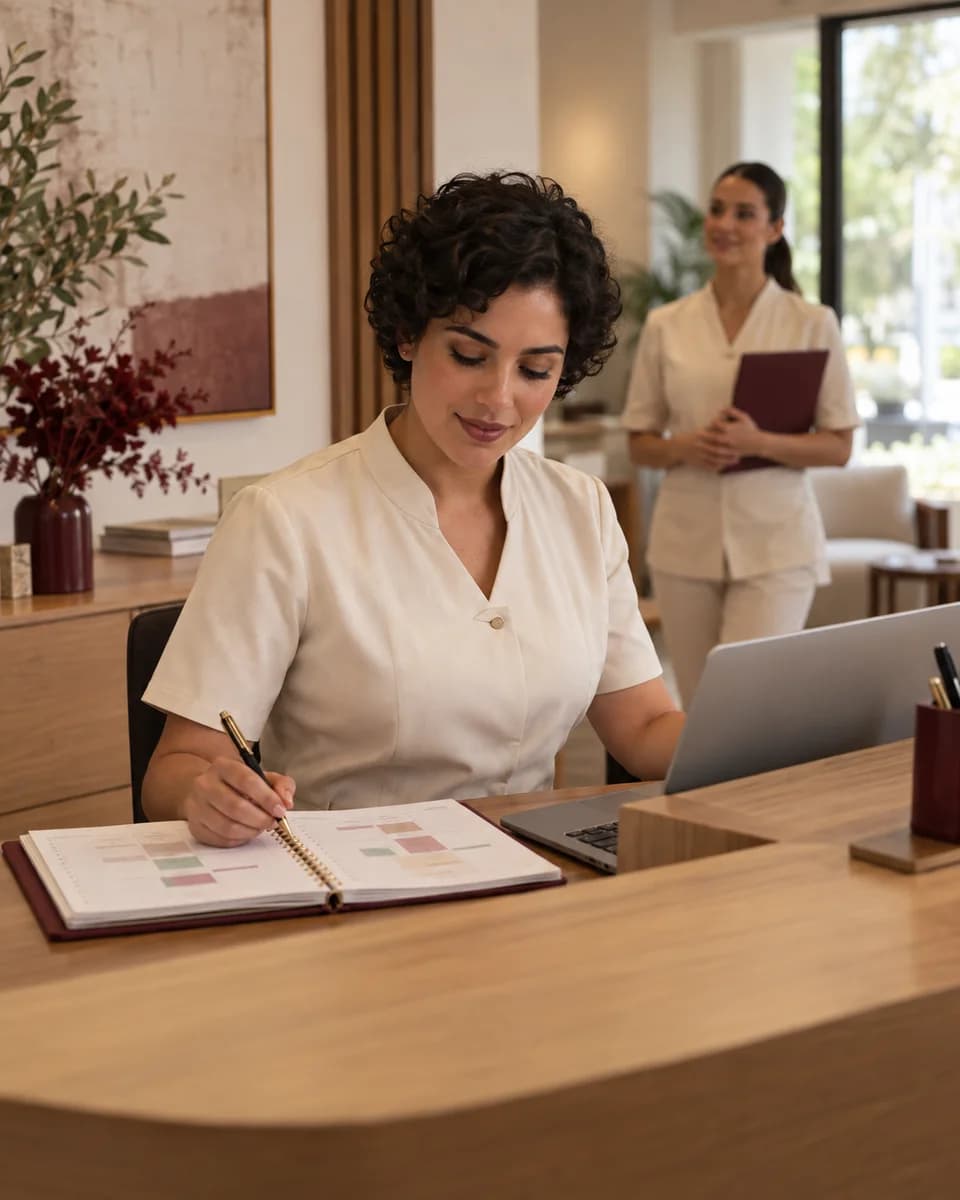 Recepcionista organizando os próximos horários de atendimento na clínica.