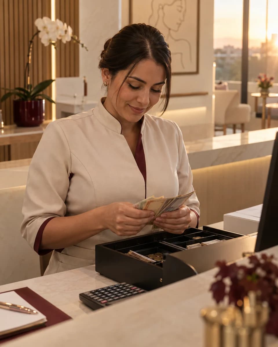 Recepcionista conferindo os movimentos do caixa no fim do expediente.