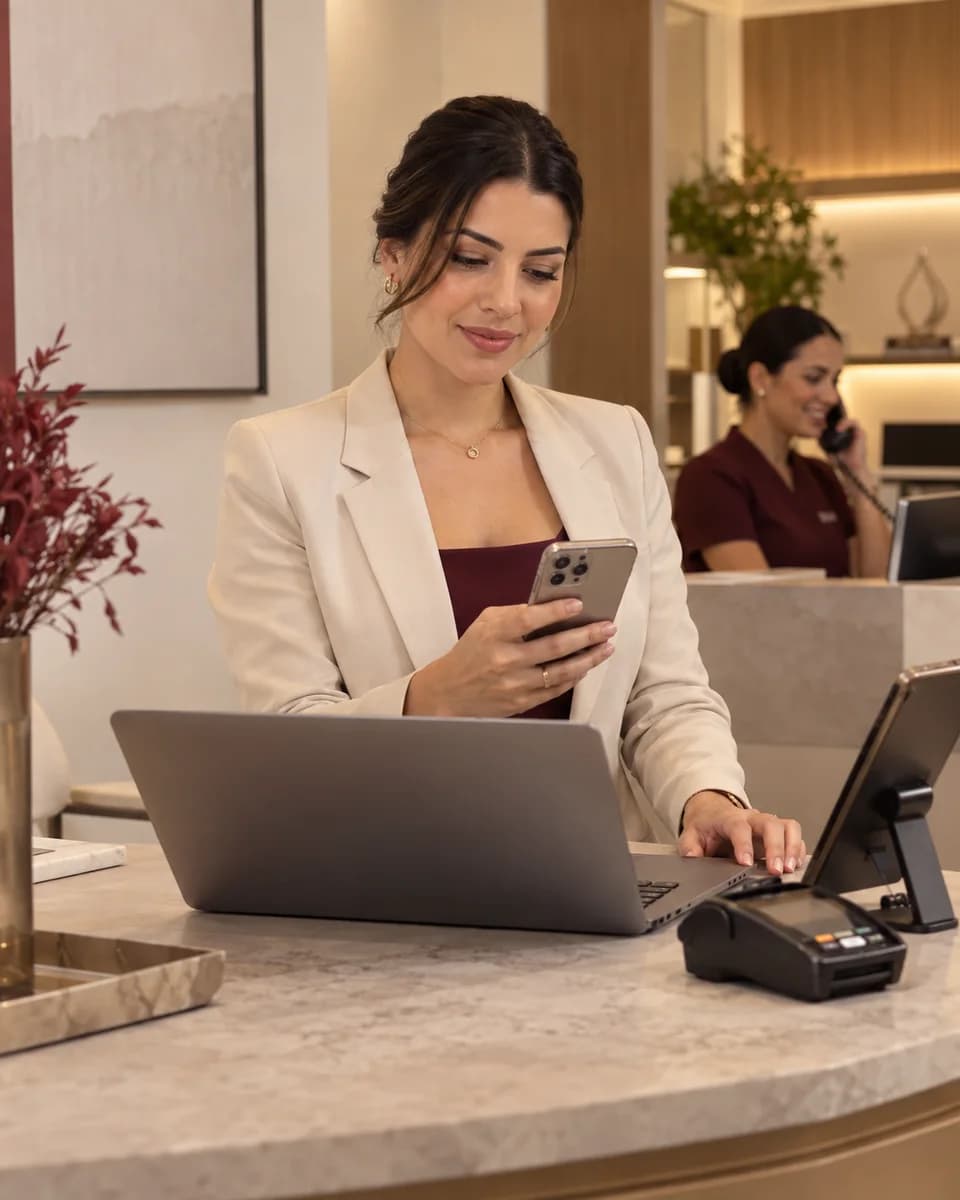Coordenadora conferindo as ferramentas conectadas à rotina da recepção.
