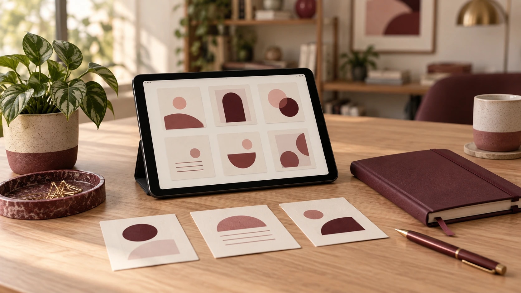 Tablet com cartões de um catálogo, papéis organizados, caderno vinho e planta sobre uma mesa de madeira clara.