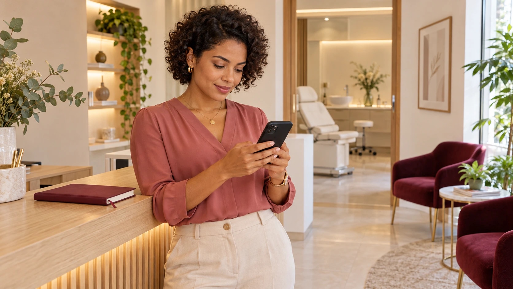 Profissional de blusa rosa consultando um celular ao lado do balcão de recepção de uma clínica de estética.