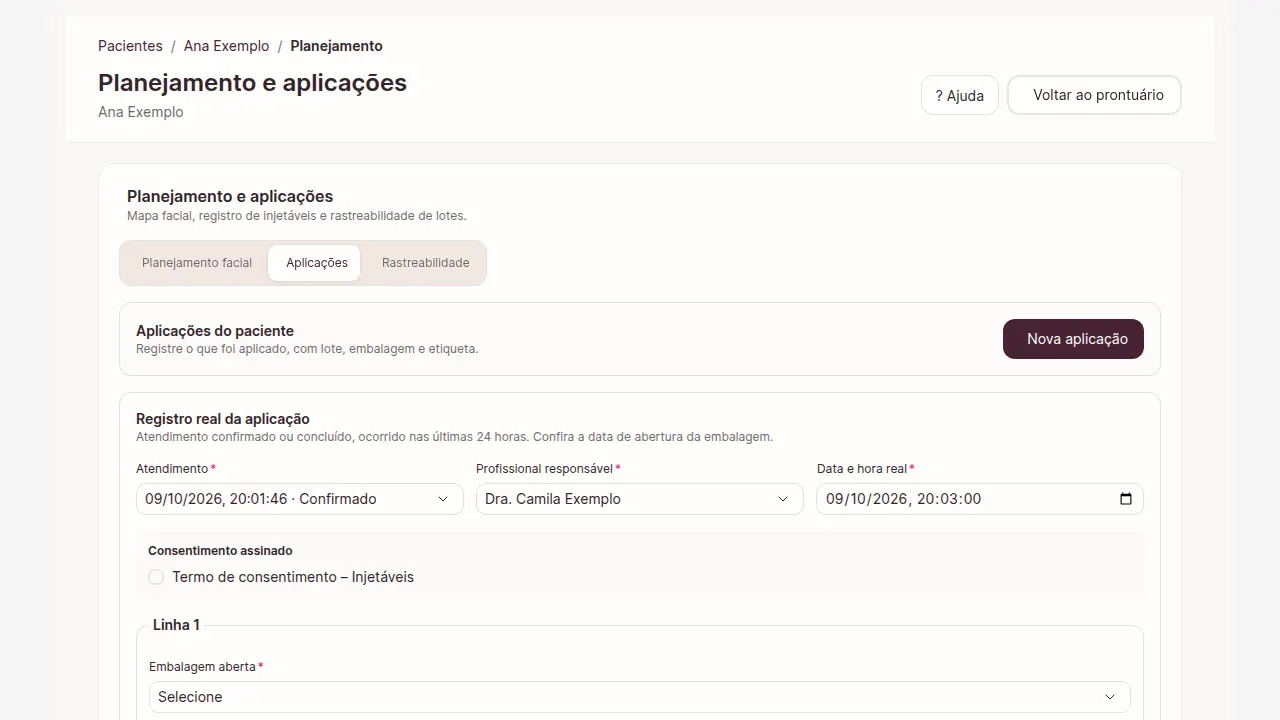 Aba Aplicações com atendimento, profissional, data e hora real, consentimento e embalagem aberta; dados fictícios