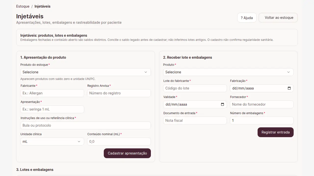 Tela Estoque, Injetáveis com os formulários de apresentação e de recebimento de lote; dados fictícios