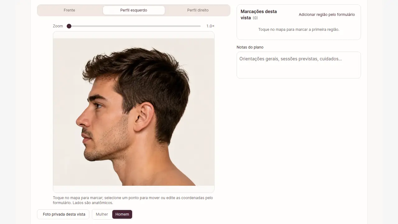 Plano com o modelo masculino na vista de perfil esquerdo; dados fictícios