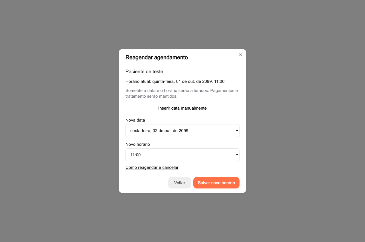 Janela de reagendamento com seleção de nova data e horário; exemplo com dados fictícios