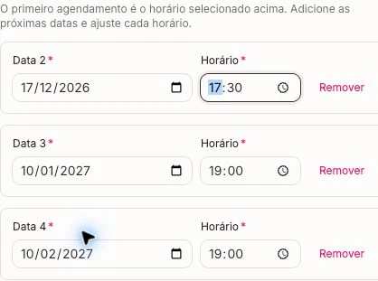 Lista editável com dezembro alterado para 17/12/2026 às 17h30 e janeiro e fevereiro mantidos no dia 10 às 19h.