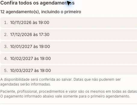 Confirmação de uma série com 12 agendamentos, mostrando a visita de dezembro alterada para 17/12/2026 às 17h30.