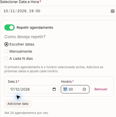 Primeiro atendimento em 10/11/2026 às 19h e segunda data em 17/12/2026 às 17h30, no modo Escolher datas.