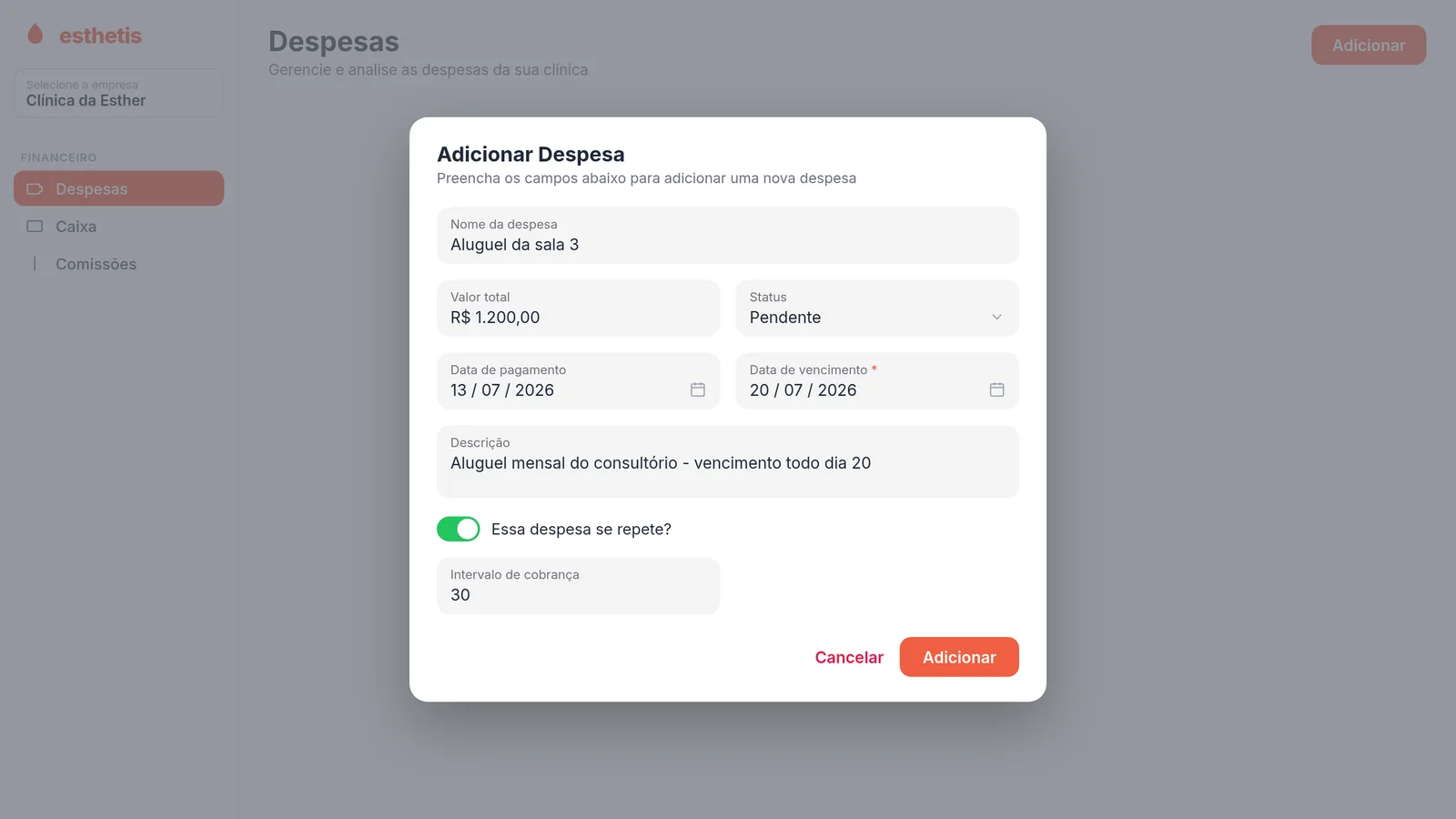 Modal Adicionar Despesa no Esthetis com os campos preenchidos e a recorrência ativada
