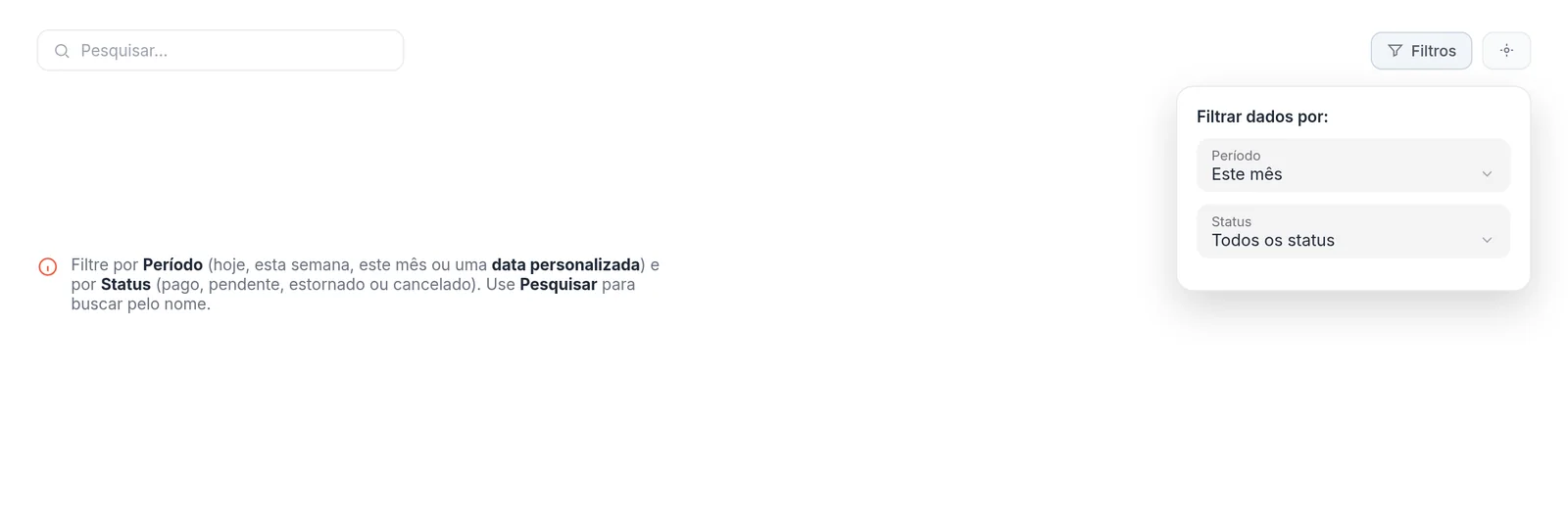 Popover de filtros da lista de despesas com seleção de período e status